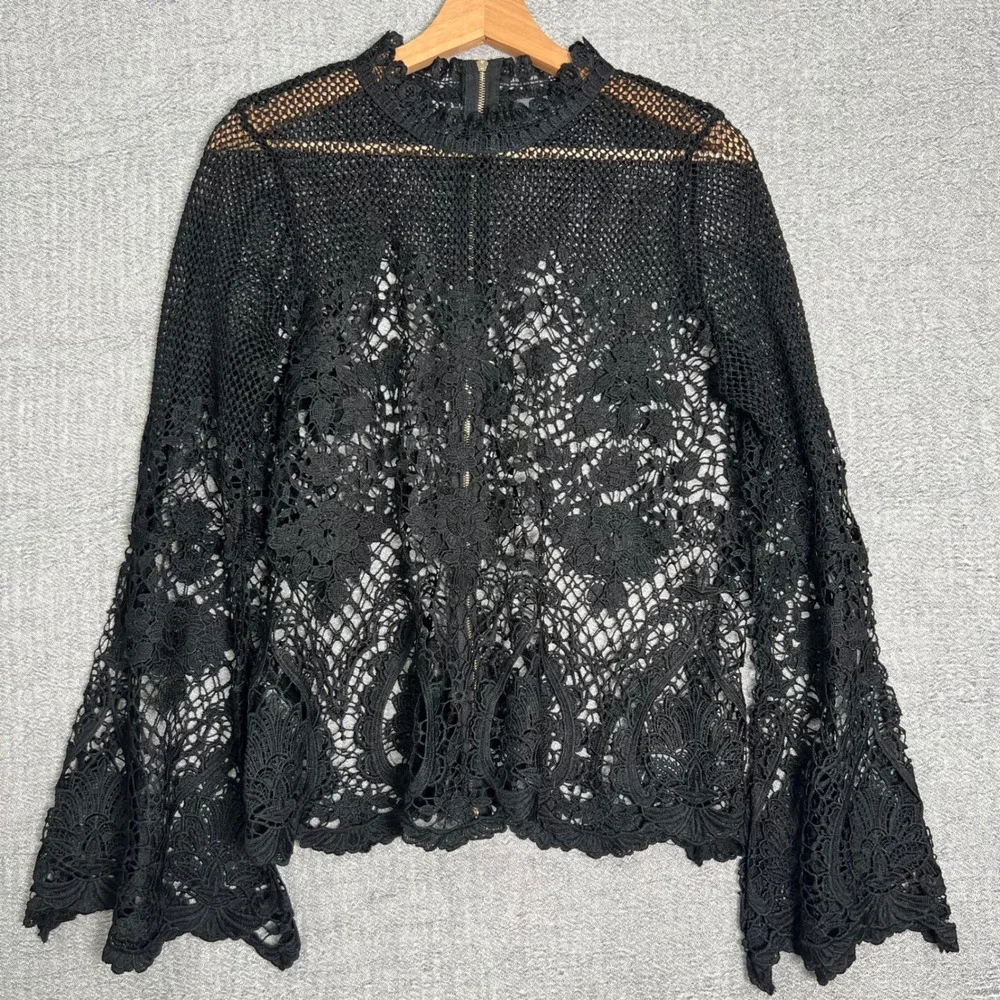 Crochet Grunge‎ Lace Top Black Floral Sheer Bell Sleeve M Dark Fairy Whimsigoth - Picture 10 of 13
